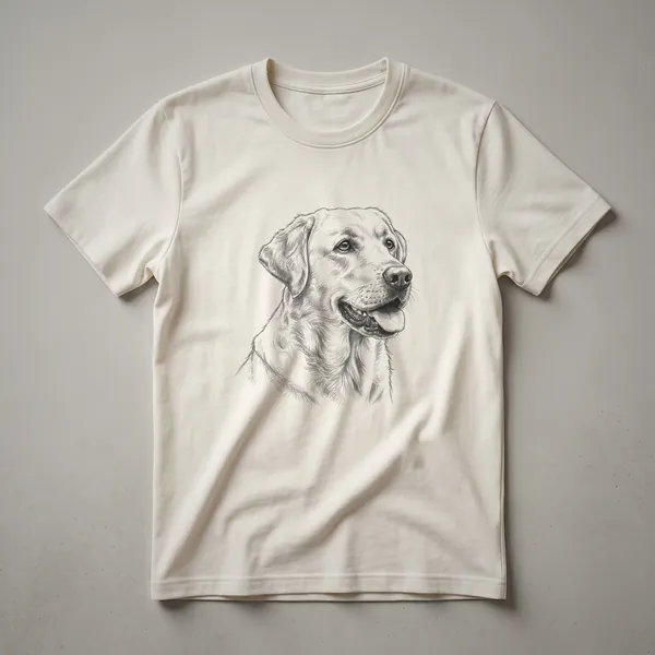 Black and white sketch art t-shirt featuring a vintage drawing of a seated Labrador Retriever.