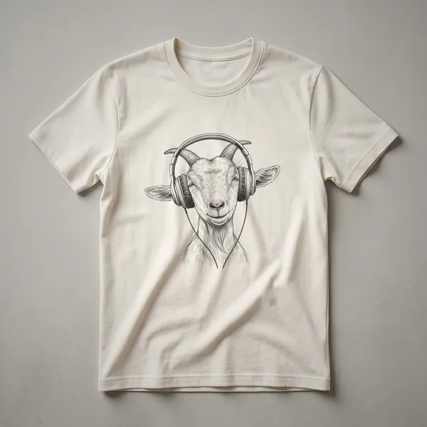 Black t-shirt with a vintage drawing of a goat wearing over-ear headphones, centered on the chest.