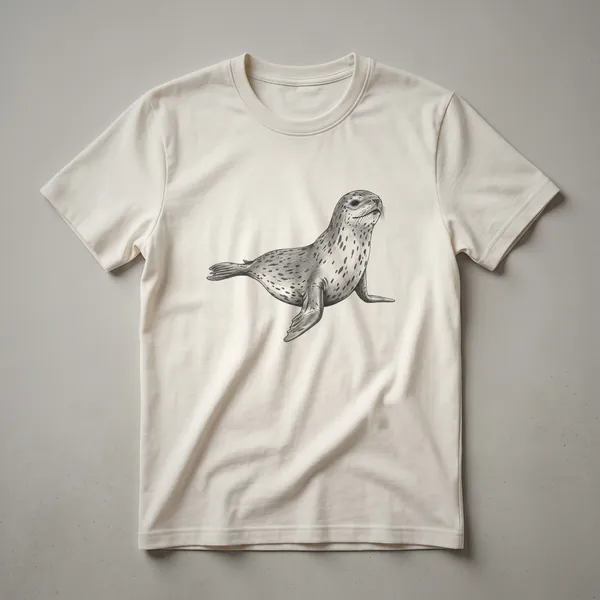 A vintage-style drawing of a leopard seal, depicted in profile with detailed linework, printed on a white t-shirt.