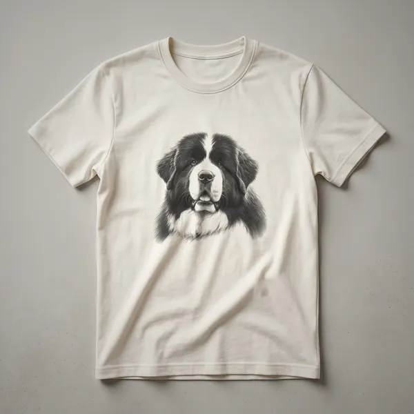 A vintage drawing of a Landseer Newfoundland dog on a black t-shirt, showcasing the dog in profile with intricate detail.