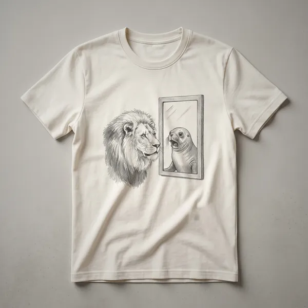 White graphic t-shirt featuring a cartoon sea lion with a funny, wide-eyed expression and an open mouth, drawn in black outline with minimal shading.