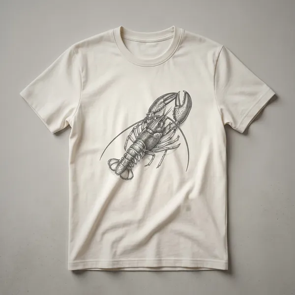 A vintage-style black and white line drawing of a lobster in profile on a white t-shirt, showcasing its claws and segmented body.