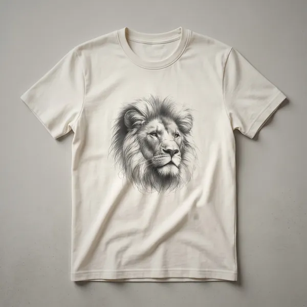 A black graphic t-shirt featuring a vintage-style line drawing of a lion's face.