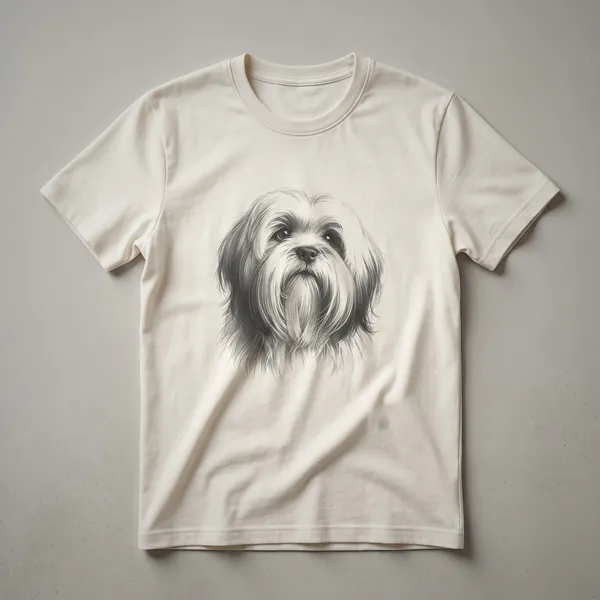 A black t-shirt featuring a vintage line drawing art design of a Lhasa Apso dog's head.