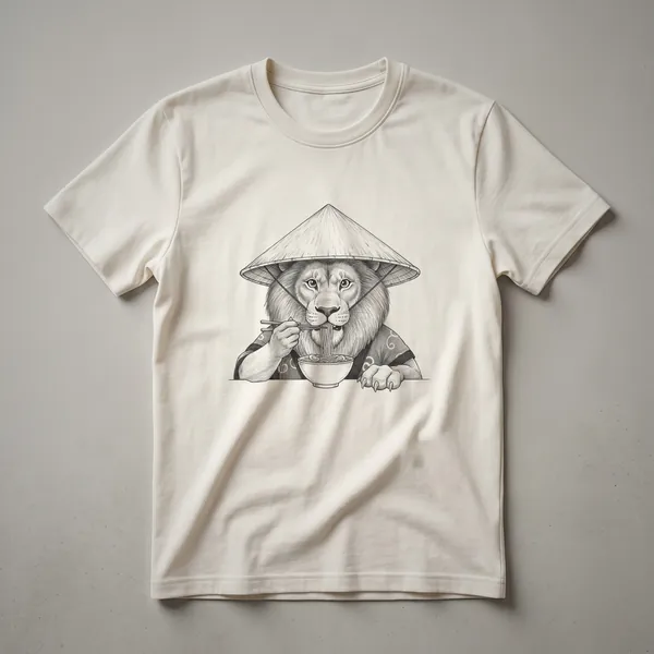 White graphic t-shirt featuring a cartoon lion with ramen noodles for a mane, eating from a bowl of ramen.