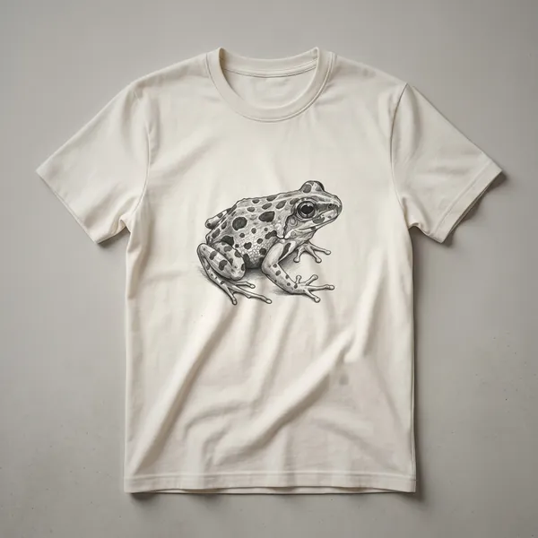 A vintage drawing of a leopard frog on a black t-shirt, showcasing its spotted pattern and detailed features.