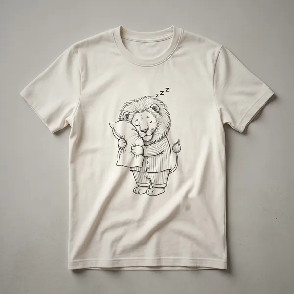 White graphic t-shirt with a drawing of a lion wearing blue striped pajamas and sleeping soundly, with a soft artistic style.