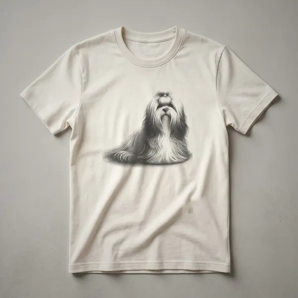 White t-shirt with a black line sketch of a Lhasa Apso dog's head, showing its face and mane.