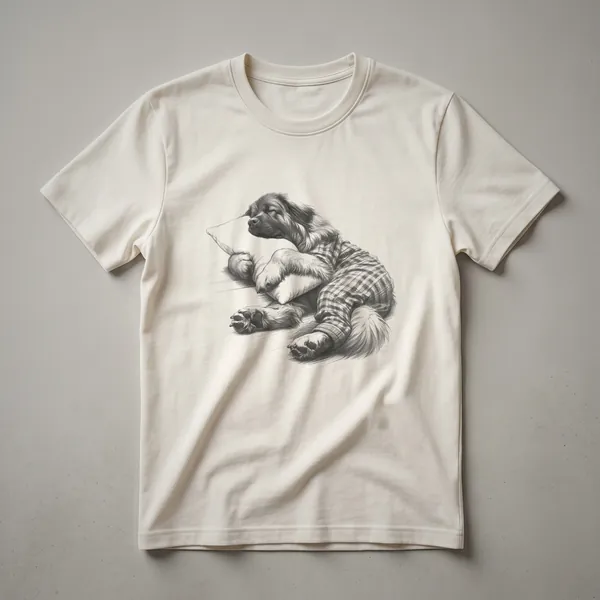 Black and white drawing of a Leonberger dog wearing pajamas and sleeping, printed on a white t-shirt.