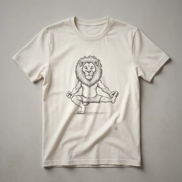 A vintage-style graphic t-shirt featuring a drawing of a lion in a yoga pose, presented on a white background.
