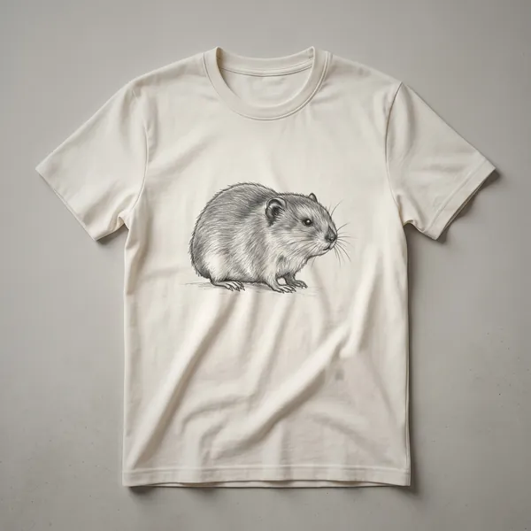 A black and white vintage line drawing of a lemming on a t-shirt, showcasing its small rodent features and a classic art style.