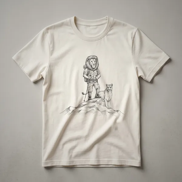 Black t-shirt with a drawing of a mountain lion walking with a mountain range in the background.