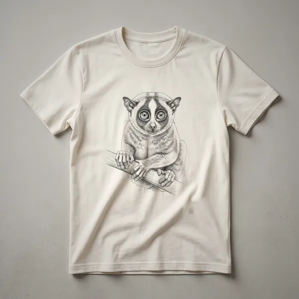 A black and white vintage loris drawing on a white t-shirt, showcasing the animal's large eyes and delicate features.