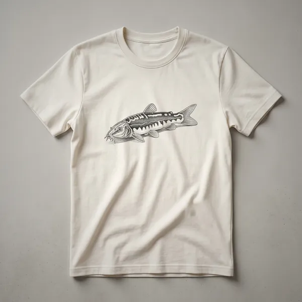 A white graphic t-shirt featuring a vintage-style black and white drawing of a loach fish with its characteristic barbels.