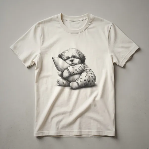 White t-shirt with a black line drawing of a Lhasa Apso dog wearing pajamas and sleeping peacefully.