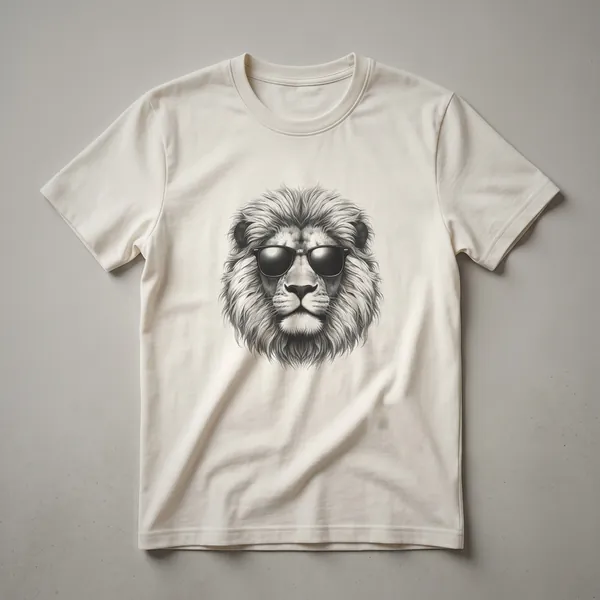 A black graphic t-shirt featuring a vintage-style drawing of a lion wearing sunglasses, with a detailed mane.