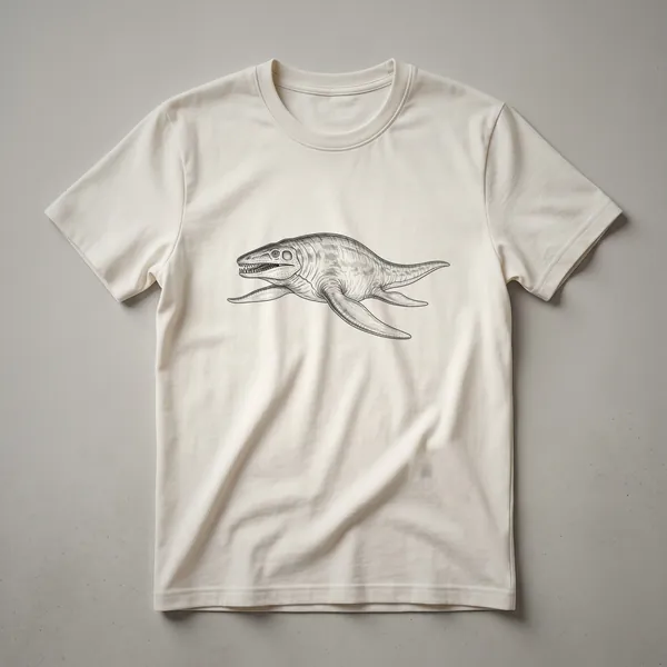 Black graphic t-shirt with a vintage-style drawing of a Liopleurodon, a prehistoric marine reptile, in profile.