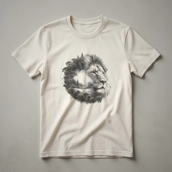 Black vintage lion head drawing on a white t-shirt, showcasing detailed ink work and a profile view of the majestic animal.