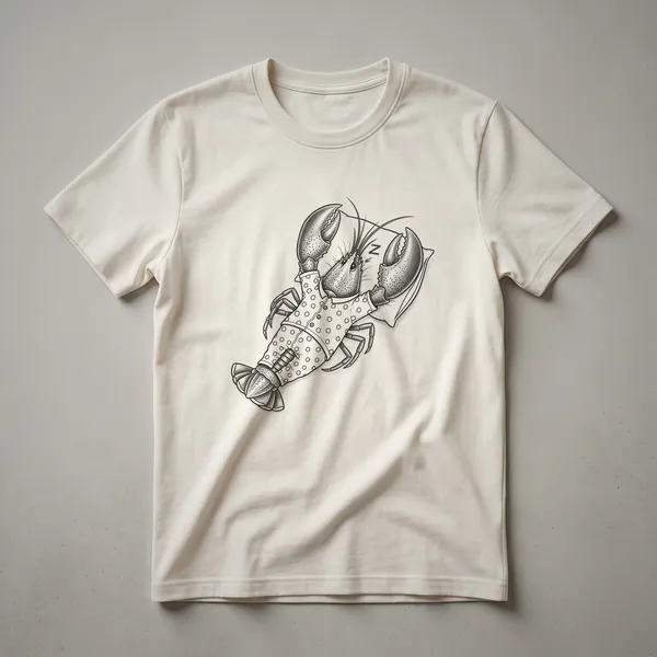 White graphic t-shirt featuring a drawing of a sleeping lobster wearing blue striped pajamas.