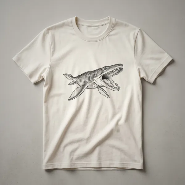 A vintage drawing of a Liopleurodon, a large marine reptile, is printed on a black t-shirt.