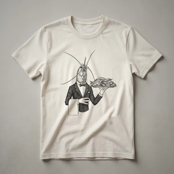 Black and white graphic t-shirt featuring a lobster dressed as a waiter, holding a tray with a plate of seafood, drawn in a classic line art style.