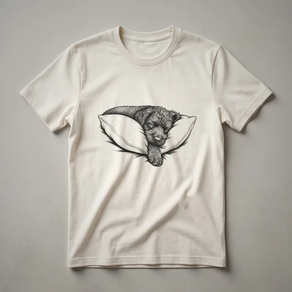 White t-shirt with a black line drawing of a sleeping Lagotto Romagnolo dog wearing pajamas, curled up peacefully.