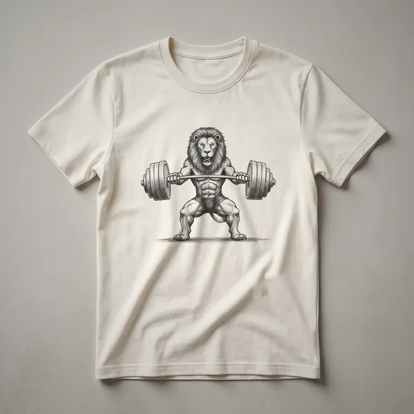 Black vintage-style drawing of a lion's head with a barbell in its mouth, printed on a heather grey t-shirt.