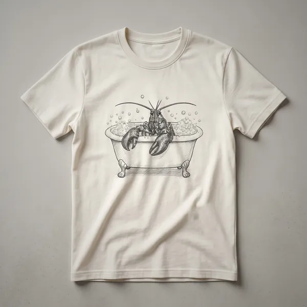 A vintage drawing of a red lobster relaxing in a steaming hot tub, printed on a t-shirt.