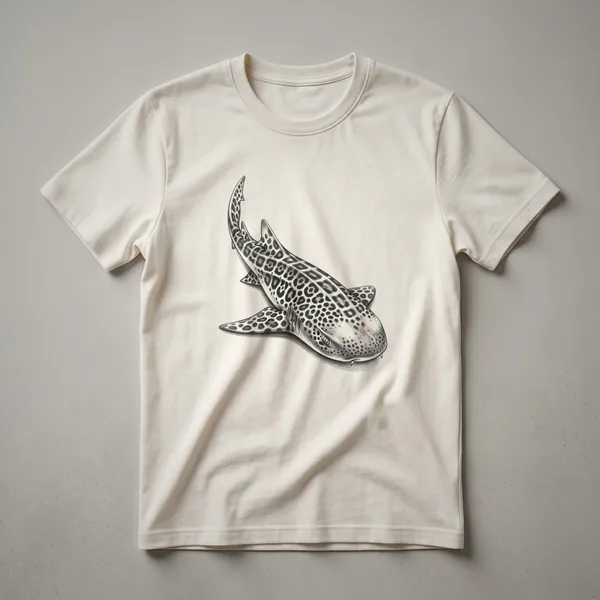A vintage drawing of a leopard shark on a white t-shirt, showcasing its spotted pattern and sleek form.