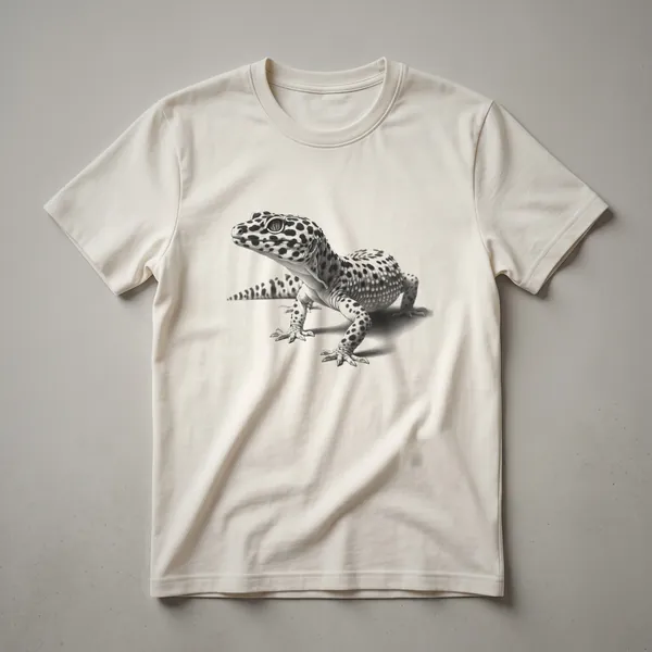 A vintage drawing of a leopard gecko with detailed spots and linework, displayed on a white t-shirt.