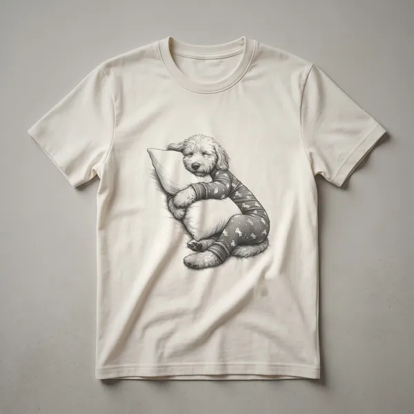 White graphic t-shirt featuring a drawing of a sleeping Labradoodle wearing blue pajamas and a nightcap, with closed eyes and a peaceful expression.