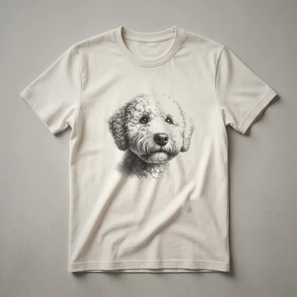 A vintage-style line drawing of a Lagotto Romagnolo dog on a white t-shirt, showcasing its curly coat and expressive face.