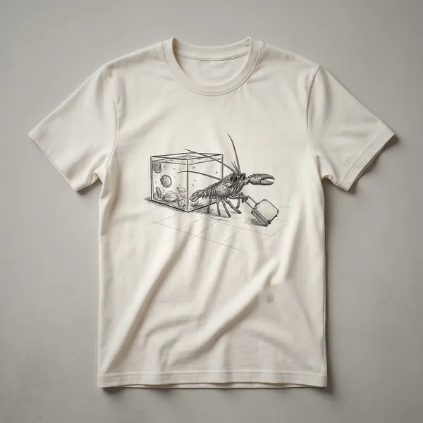 Black and white line art t-shirt depicting a lobster escaping from a seafood tank, with detailed linework.