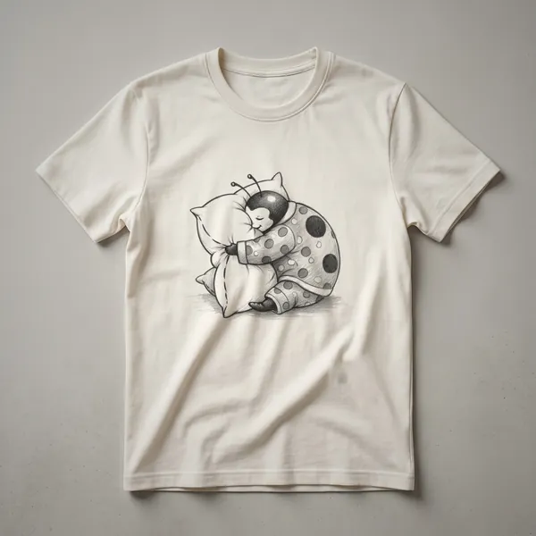 White graphic t-shirt with a drawing of a sleeping ladybug wearing pajamas and a nightcap.