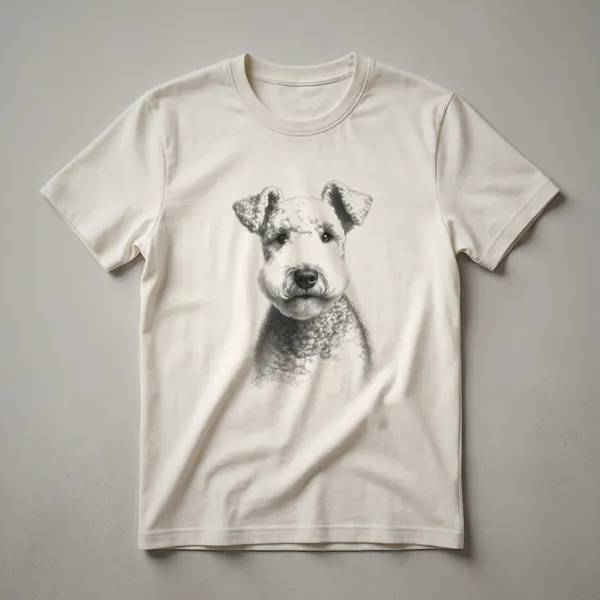 A black and white vintage line drawing of a Lakeland Terrier dog is printed on the front of a t-shirt.