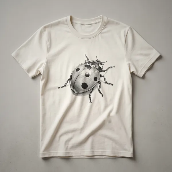 A vintage-style drawing of a ladybug, rendered in black ink with subtle red and black coloring, displayed on a white t-shirt.