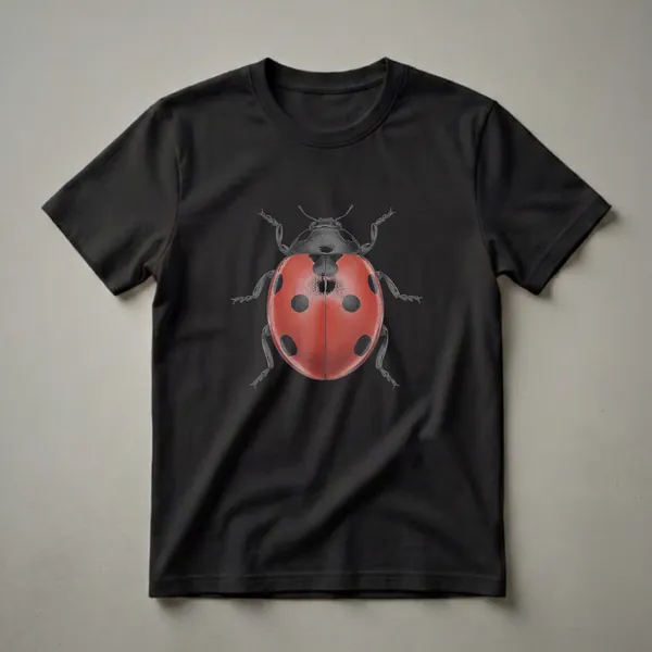 A vintage-style drawing of a red ladybug with black spots and detailed legs and antennae, presented on a black t-shirt.