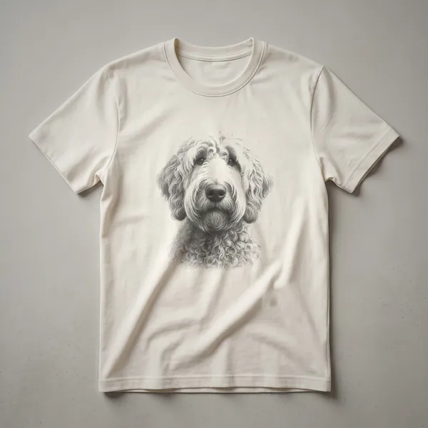 A white t-shirt featuring a black and white vintage line drawing of a Labradoodle dog.