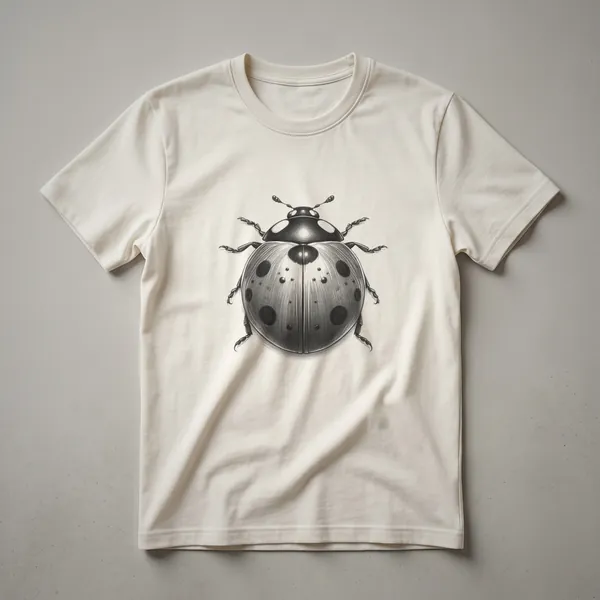 A vintage sketch art design of a ladybug on a white t-shirt, showcasing intricate linework and a classic aesthetic.