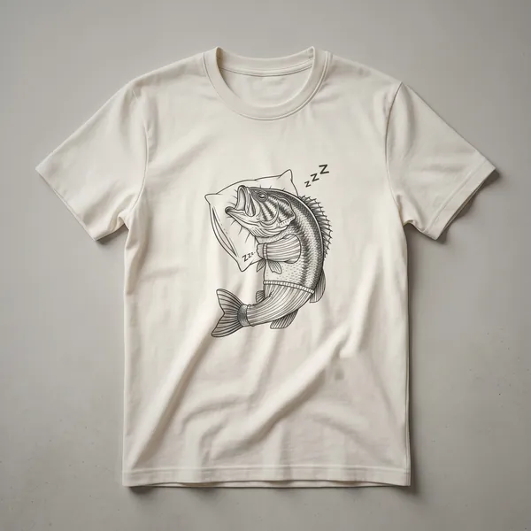 Black t-shirt with a drawing of a sleeping largemouth bass fish with closed eyes and a relaxed expression.