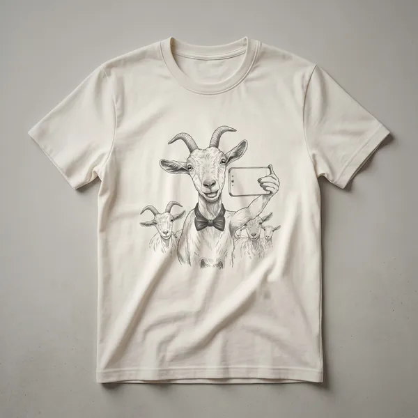 A vintage-style drawing of a goat holding a phone and taking a selfie, printed on a black t-shirt.