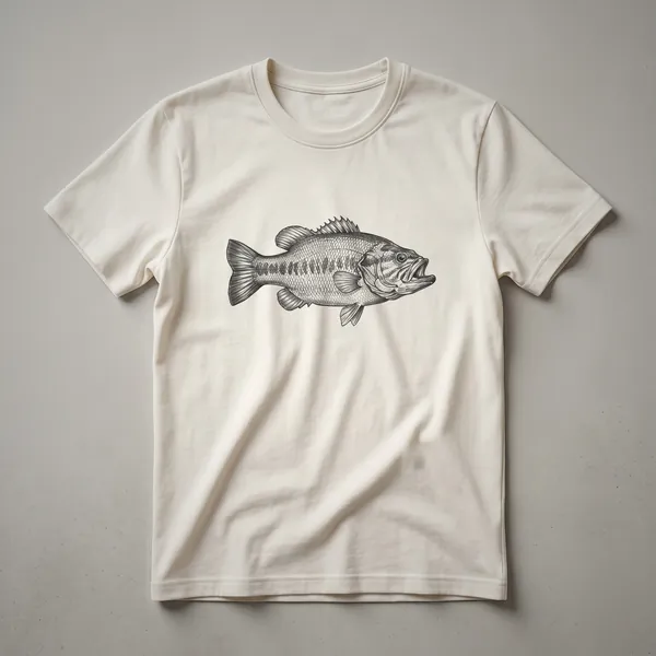 A vintage-style graphic t-shirt featuring a detailed line drawing of a largemouth bass fish in black and white.