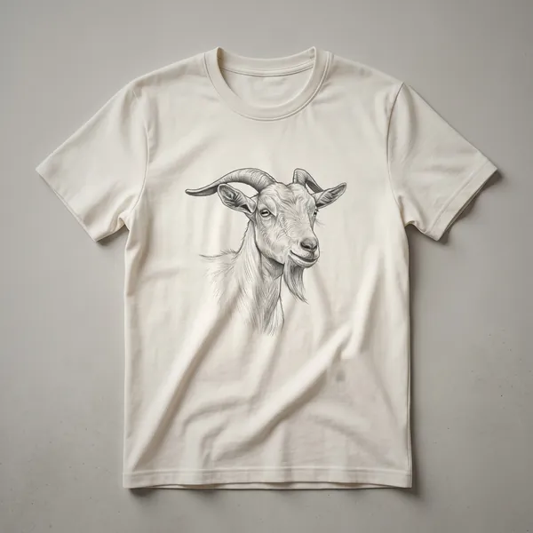 A white t-shirt featuring a black line drawing of a LaMancha goat with short ears, presented in a vintage art style.