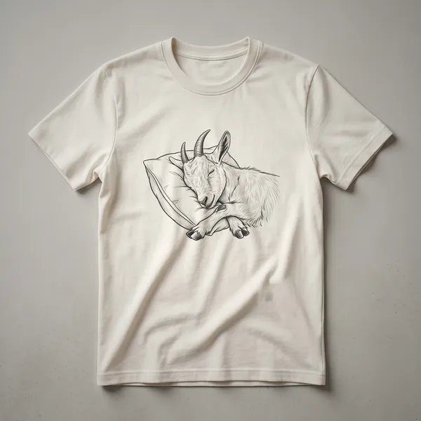 White graphic t-shirt with a drawing of a goat wearing blue striped pajamas and sleeping soundly.