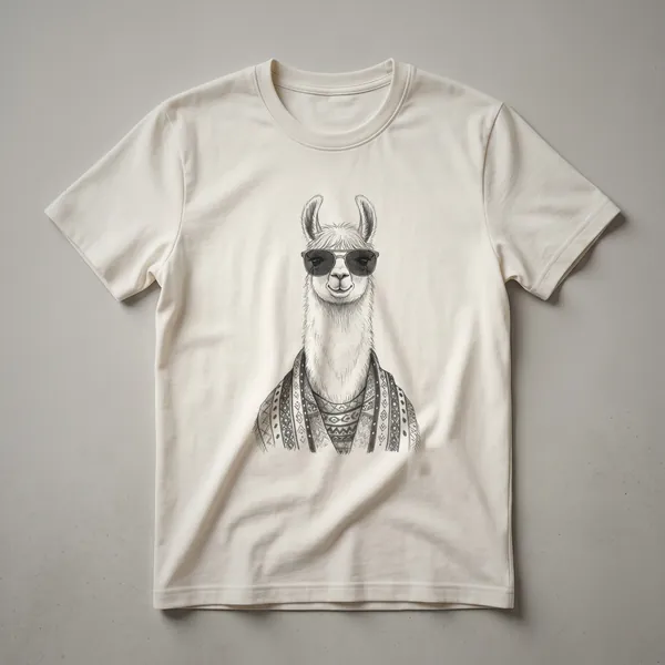 A vintage-style drawing of a llama wearing dark sunglasses, printed on a graphic t-shirt.
