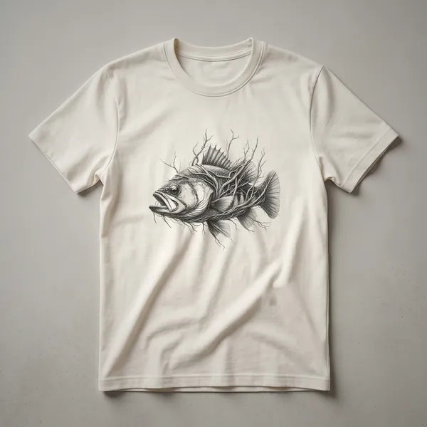 A vintage-style drawing of a largemouth bass fish with branches and leaves, printed on a black t-shirt.