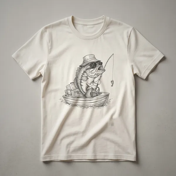 Black graphic t-shirt featuring a drawing of a largemouth bass with a guitar body, with the text 'Funny Cool Largemouth Bass Drawing Art Design'.