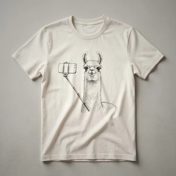 White graphic t-shirt with a drawing of a llama holding a smartphone and taking a selfie, with a playful expression.