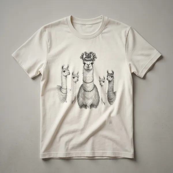White graphic t-shirt featuring a vintage-style drawing of a llama's head with a distinctive haircut.