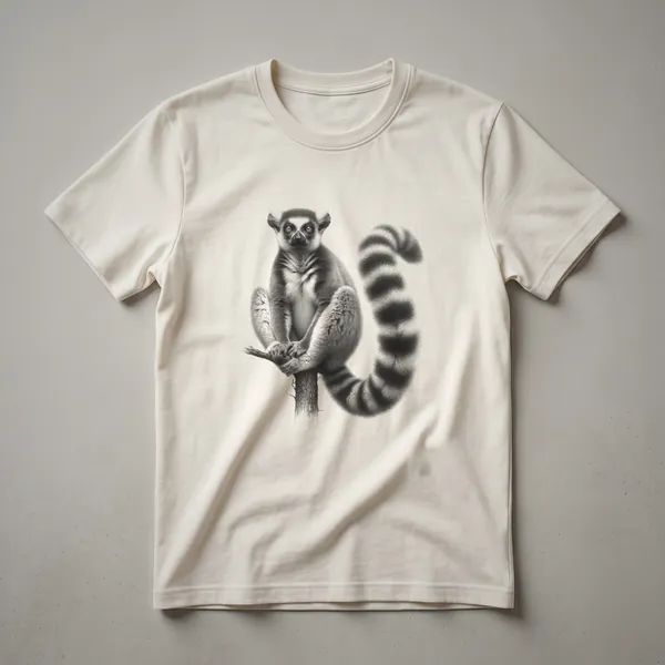 A black and white vintage sketch of a lemur with a long, striped tail, printed on a white t-shirt.